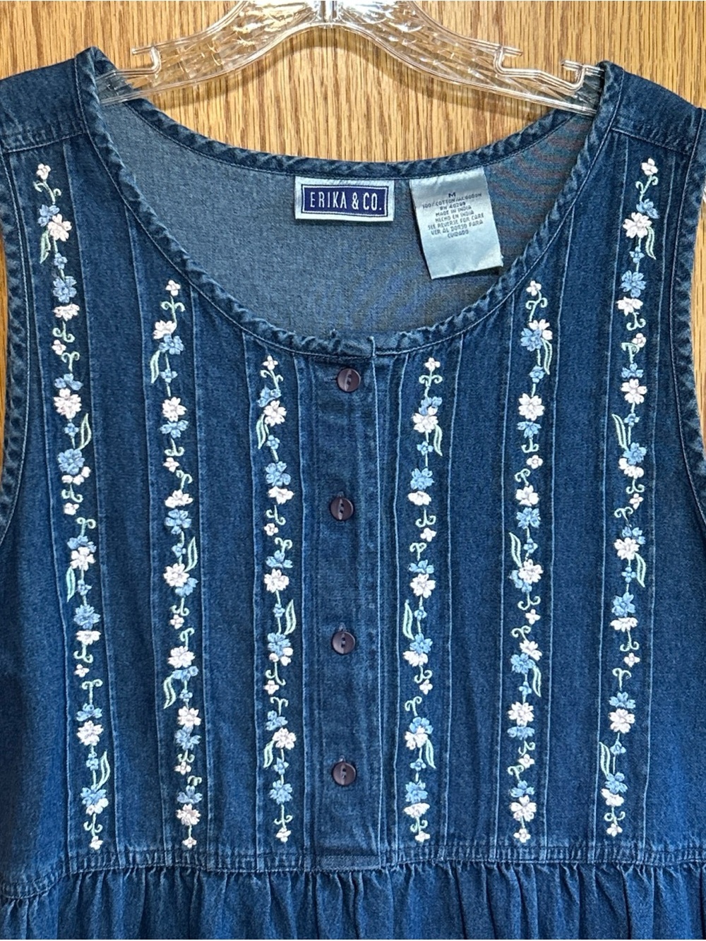 Erika & Co Midi Dress Embroidered Denim Womens Medium Blue Jumper Cottage Prairi